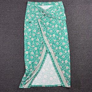 Free People Floral Faux Wrap Midi Skirt Women's L Green Boho Tie Knot